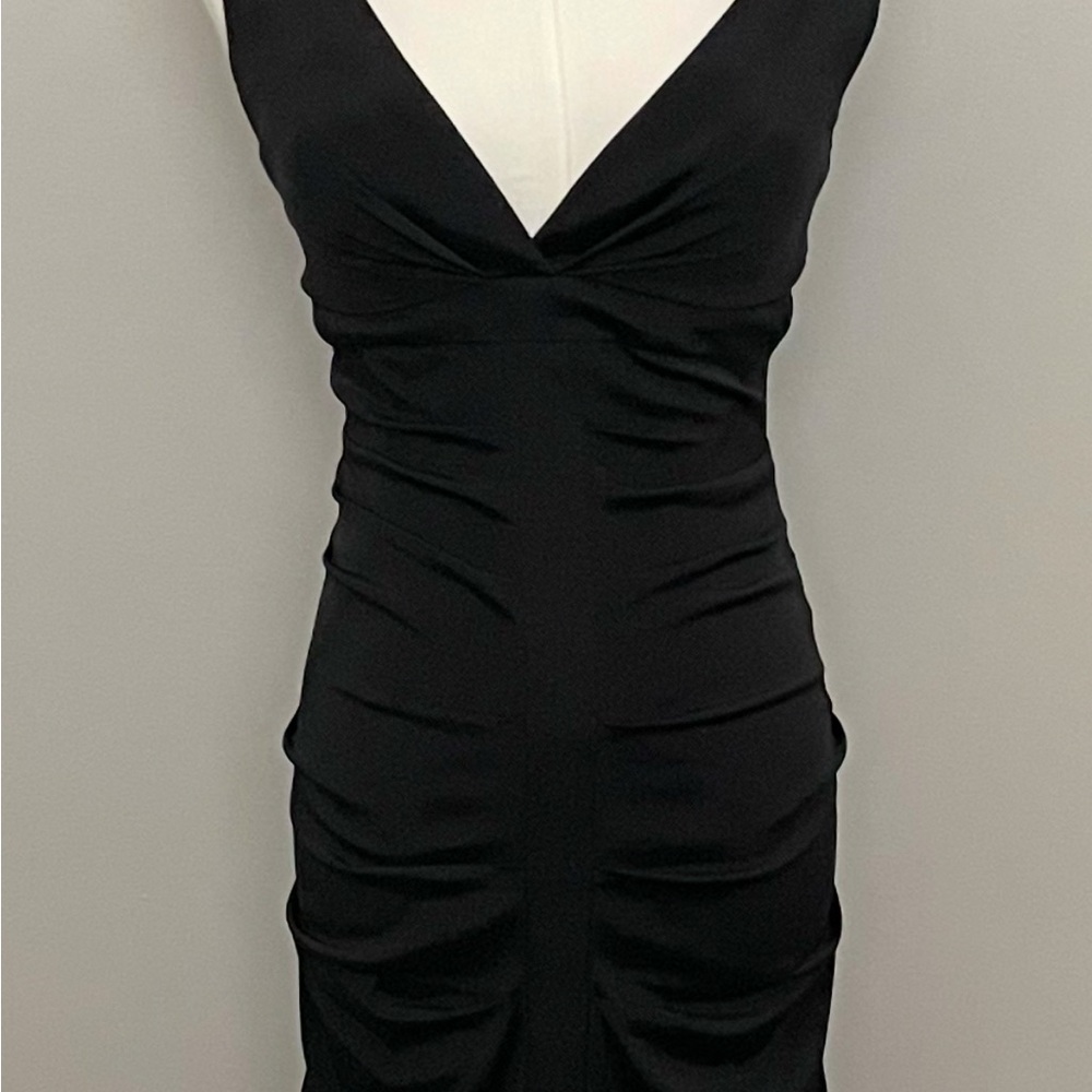 Vintage Caché Dress Maxi Mermaid Bodycon Plunge Neck Ruched Tulle Lined Black - Picture 10 of 12